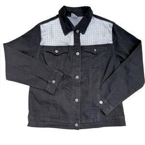 Y2K Silver Studded Black Denim Trucker Jacket Women's Size M Edgy Western Baddie